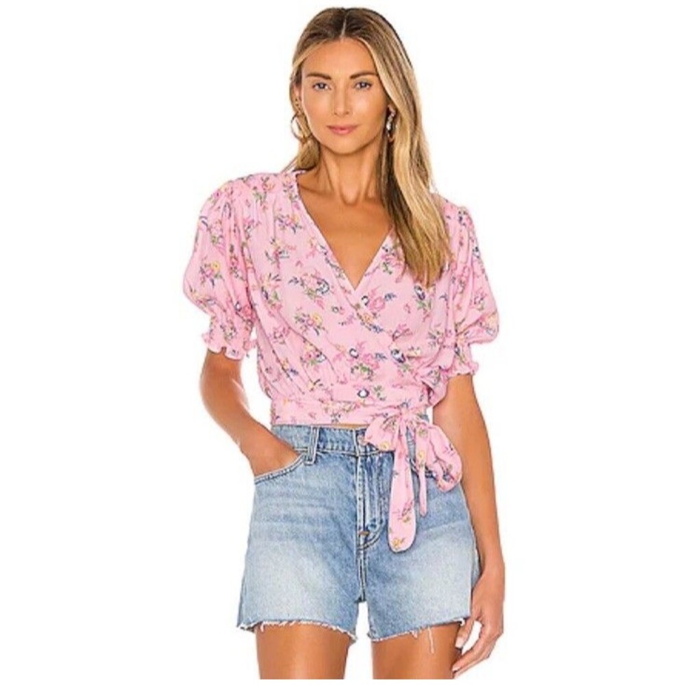 Faithfull The Brand La Colle Top Womens Floral Wrap Blouse Cropped Puff Sleeve S